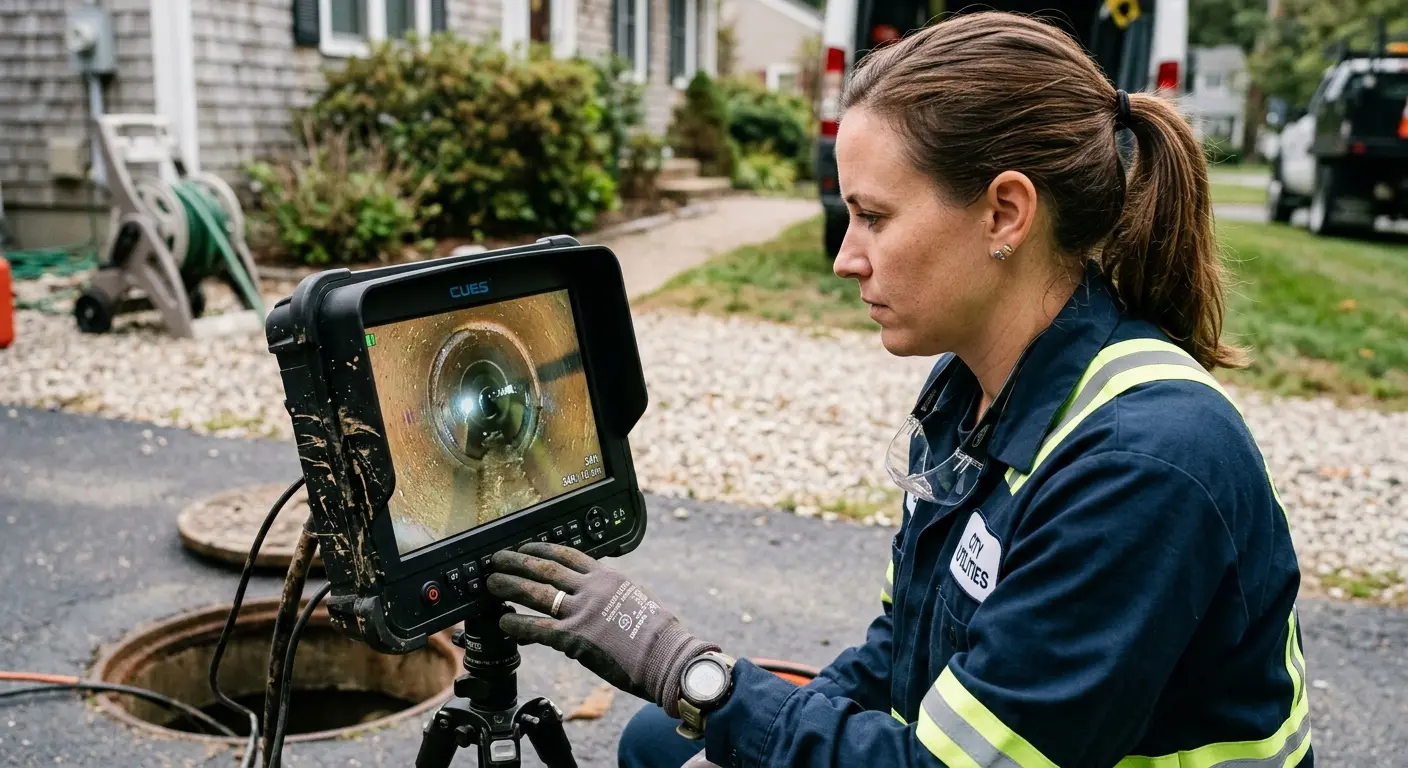 Technician reviewing sewer camera inspection footage in Fergus Falls