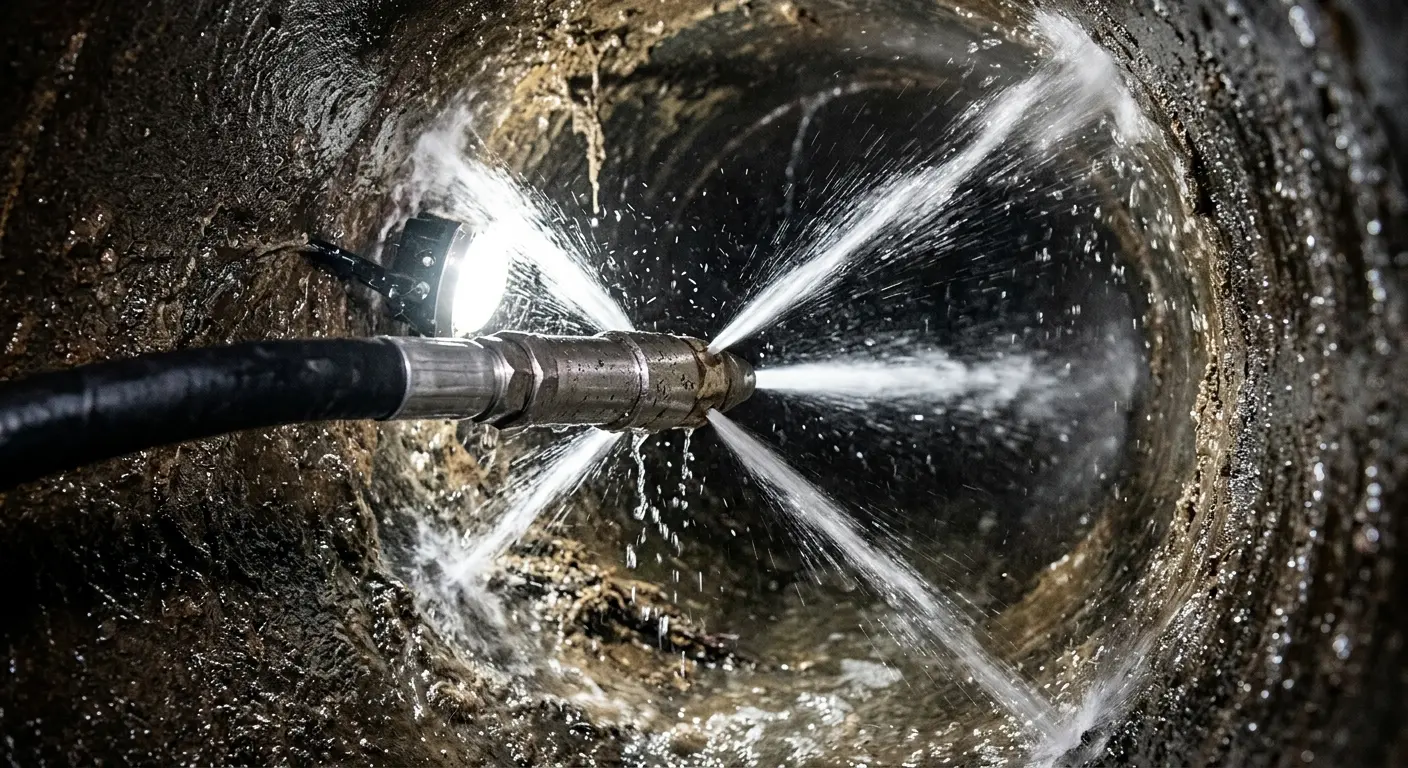 High-pressure hydro jetting nozzle cleaning sewer pipe for Sewer Cleanout in Fergus Falls