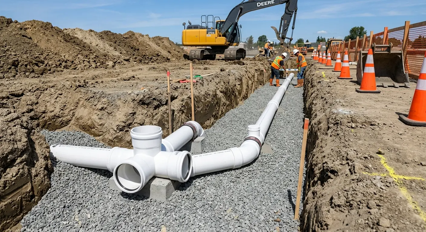 New PVC sewer pipe installation in open trench for Sewer Backup in Fergus Falls