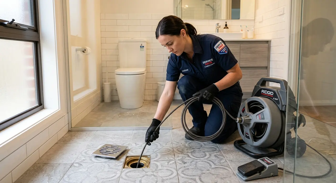 Technician clearing a bathroom floor drain for Drain Cleaning in Fergus Falls